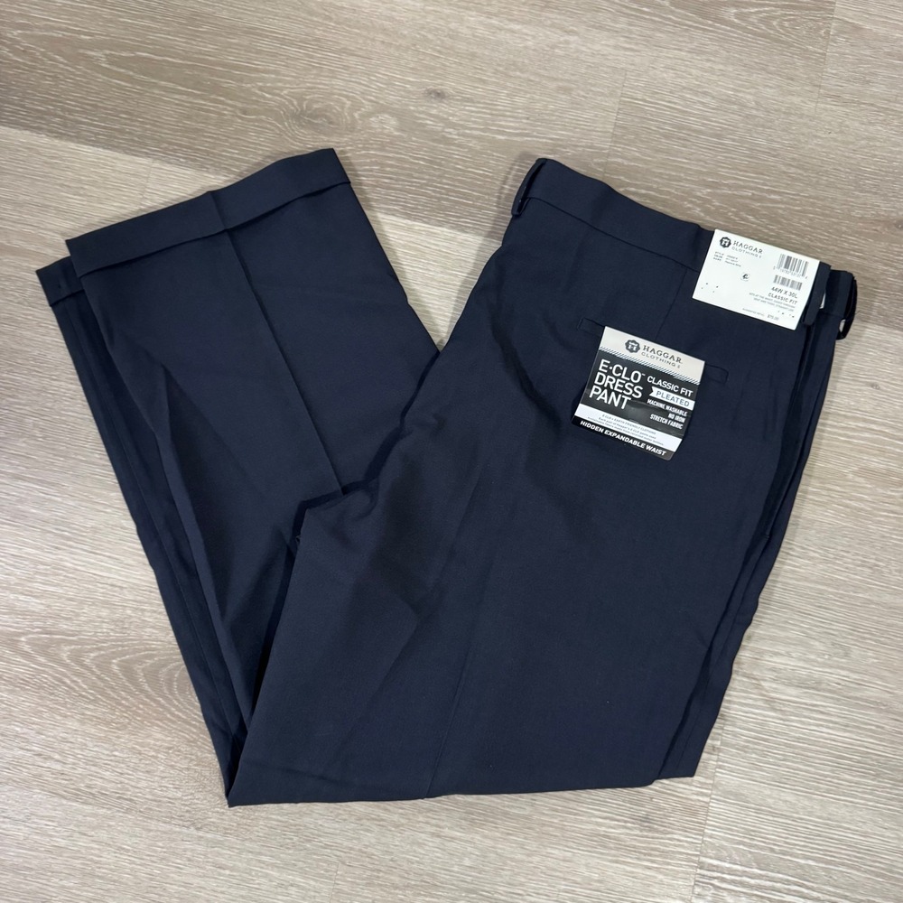 Haggar Dress Pant Mens 44x30 Navy E-Clo Classic Fit Pleated Repreve Stria‎